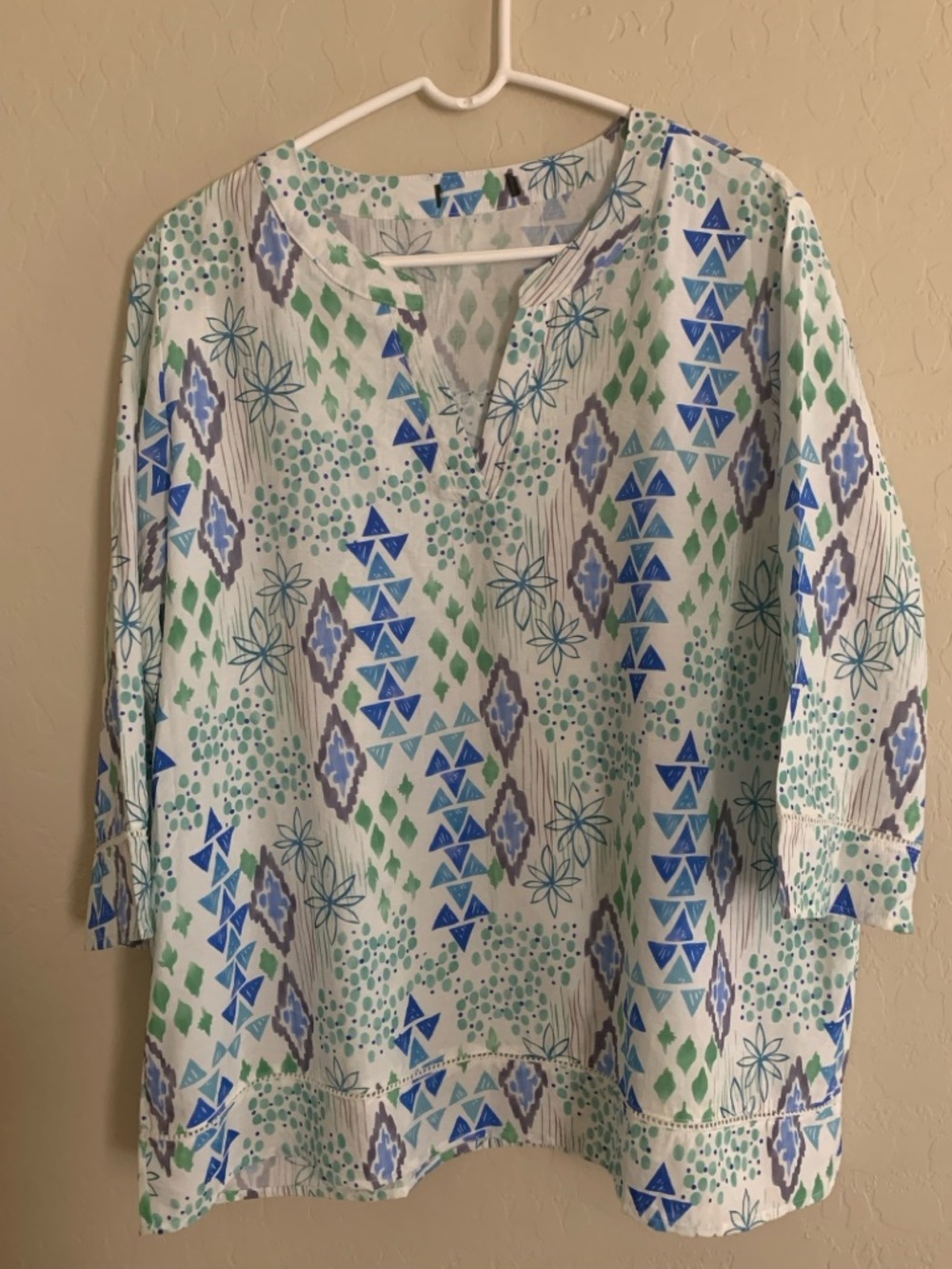 Printed V-Neck Tunic Top in Blue, Green, White & Black Tribal Look.